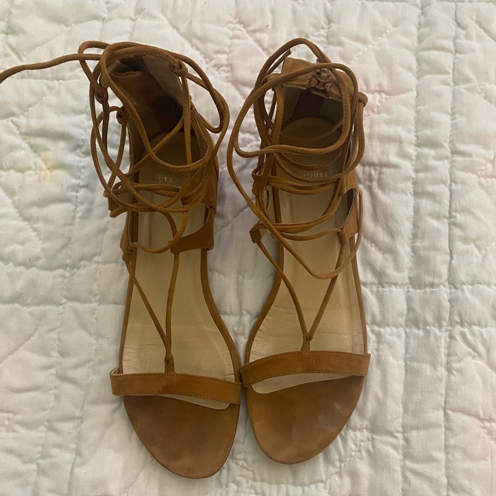 Stuart Weitzman light brown suede gladiator sandals, fun, flirty, comfy! Size 10